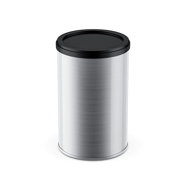 Brushed aluminum metal tin can with black plastic cap, 3d rendering