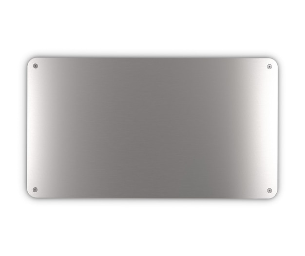 Photo brushed metallic plaque with four screws over white background, round corners