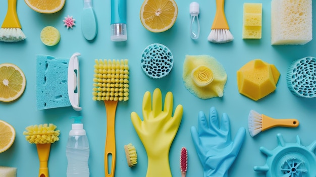 Photo brushes sponges and rubber gloves for sustainable hygiene