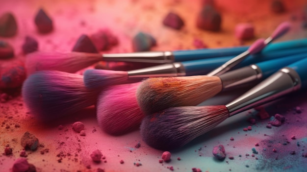 Brushes on a table with pink and blue paint on them