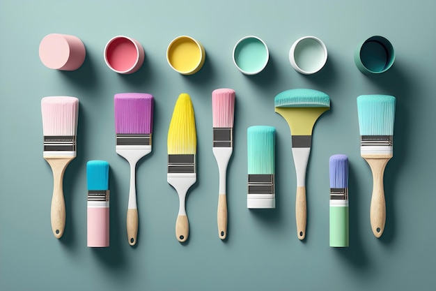 Brushes with wooden handles and paint on a blue pastel background Renovation concept AI generation