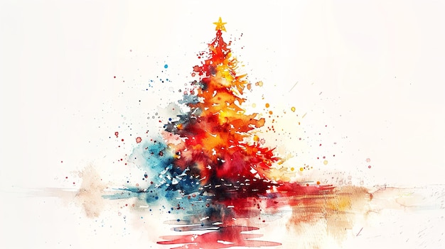 Photo a brushstroke christmas tree painted with festive colors on a watercolor white background