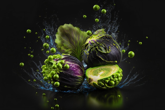 Brussels sprouts vegetables splash isolated on black background