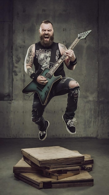 Photo brutal bearded man jumping with electric guitar rock musician heavy metal player music star