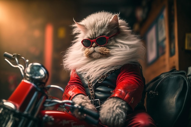 Brutal cat biker in glasses sits on a motorcycle AI generated