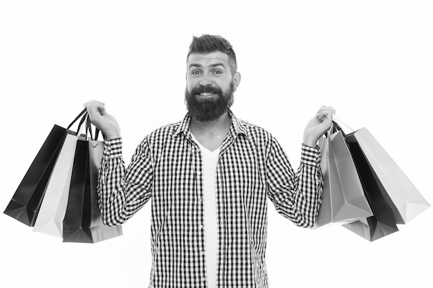 Brutal caucasian hipster with moustache Bearded man with shopping bags Shopping sale Male barber care Black Friday Cyber Monday Mature happy hipster with beard Easy and fast