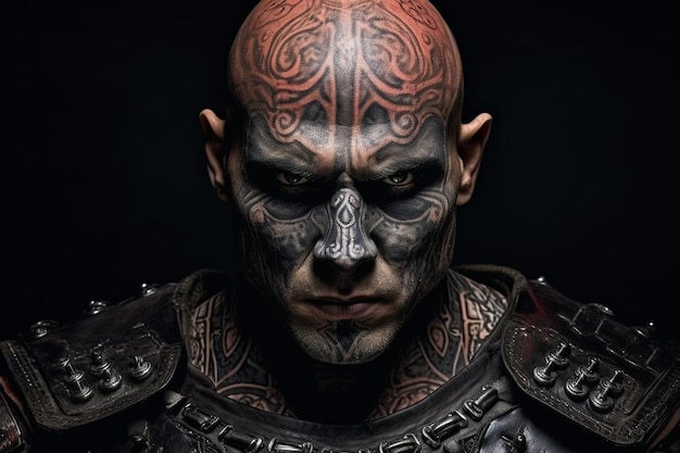 Brutal dangerous tattooed medievel fighter in skull mask in armor