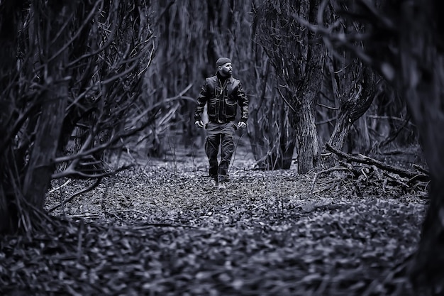 brutal man autumn park forest landscape background