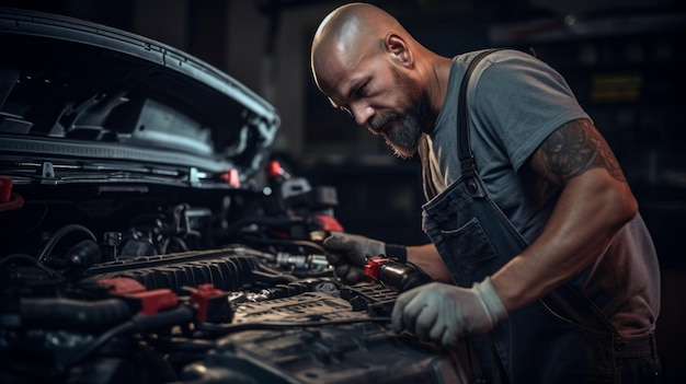 A brutal Man a professional electrical Mechanic checking repairing a car a hood in an auto repair shop Business Car service maintenance concepts