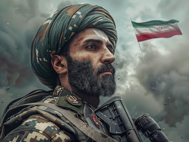 Photo brutal modern iranian soldier with flag iran warrior man with beard and armor