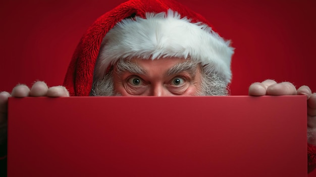 Photo brutal santa peeking from behind a large gift box against a vibrant red background during the festive season