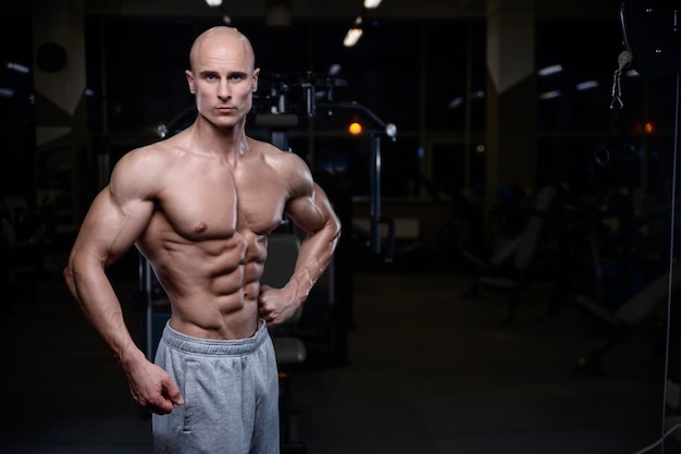 Brutal strong bodybuilder athletic men pumping up muscles with dumbbells