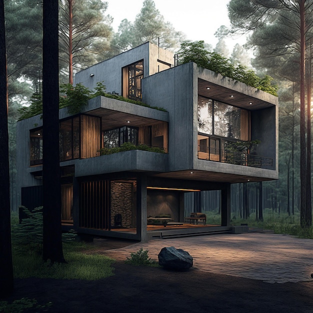 Brutalism style exterior concept house in forest Generative AI