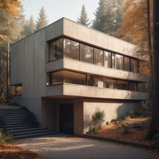 Brutalist house forest sunset concrete glass unique design modern aesthetics natural harmony