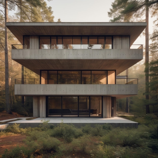 Brutalist house forest sunset concrete glass unique design modern aesthetics natural harmony