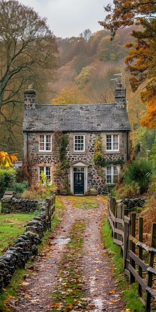 BStone cottage in the woods with a path leading up to it