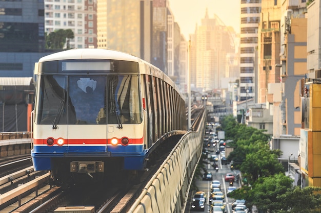 BTS Sky Train is running in downtown of Bangkok.  Sky train is fastest transport mode in Bangkok