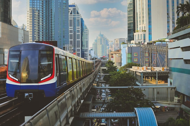 BTS Sky Train is running in downtown of Bangkok Sky train is fastest transport mode in Bangkok