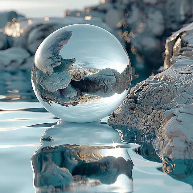 a bubble floating in the water with the sun behind it