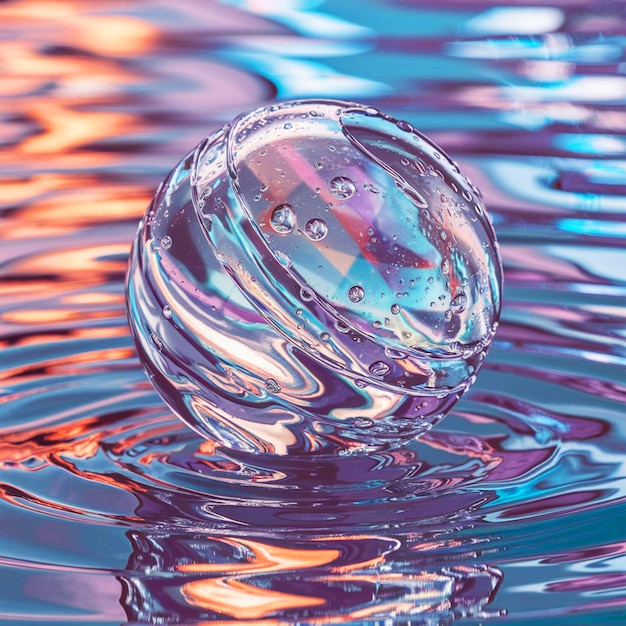 a bubble floating in the water with the sun behind it