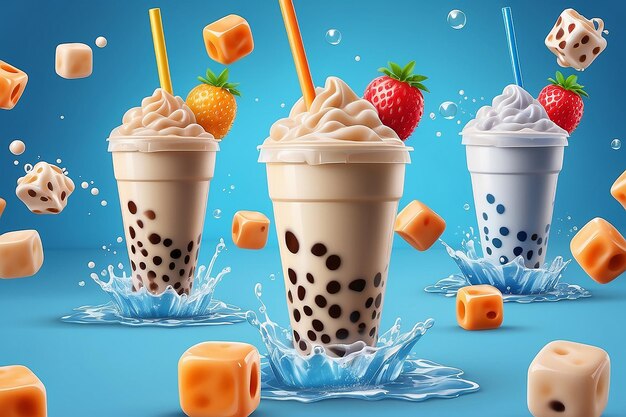 Bubble milk tea ads with delicious tapioca in 3d illustration