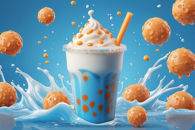 Bubble milk tea ads with delicious tapioca in 3d illustration