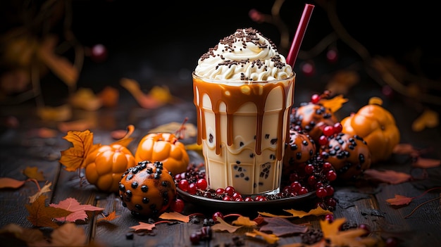 Bubble milk tea with chocolate on autumn rustic background