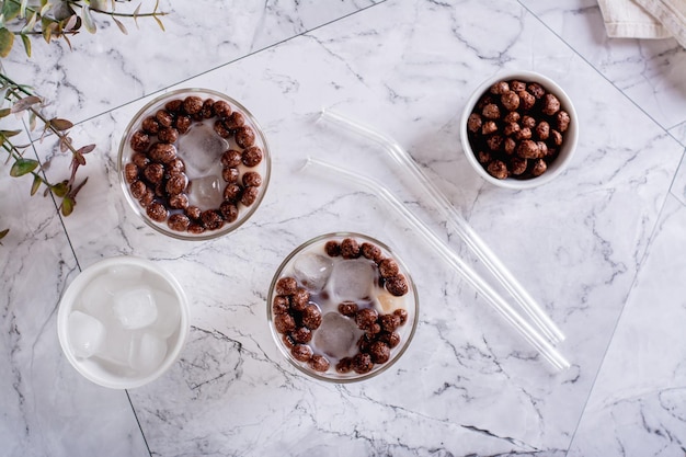 Bubble milk tea with ice in glasses on the table top view