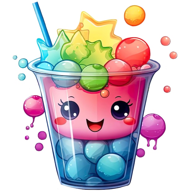 Bubble tea cute kawaii character Asian refreshing drink of tea and juice with balls