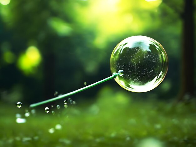 Bubble wand flying across green nature backdrop Generative AI