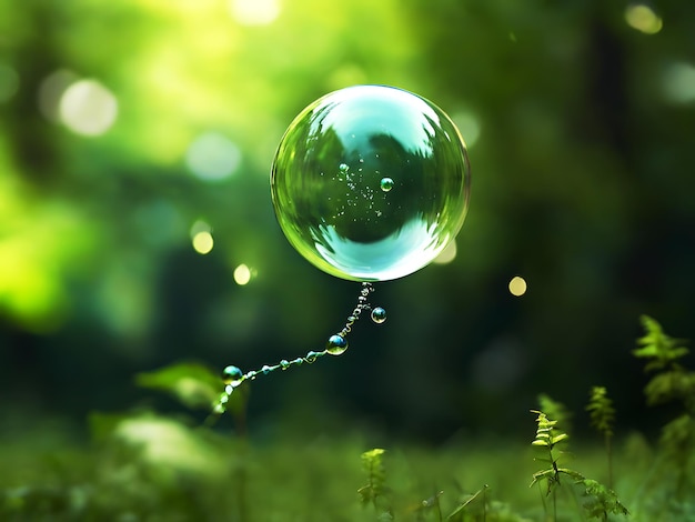 Bubble wand flying across green nature backdrop Generative AI