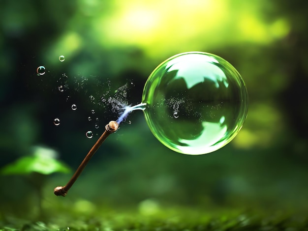 Bubble wand flying across green nature backdrop Generative AI