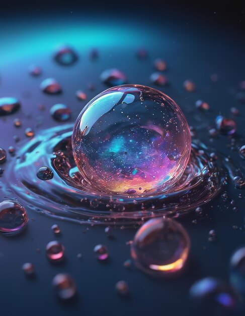 a bubble with water drops that is on a blue surface