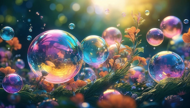 Photo bubbles are sitting on a tree branch with flowers in the background