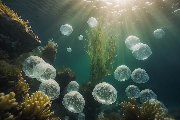 Bubbles and bokeh underwater in clear green ocean of California