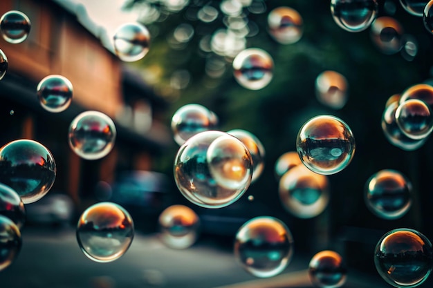 Photo bubbles floating in the air with a blur of trees in the background