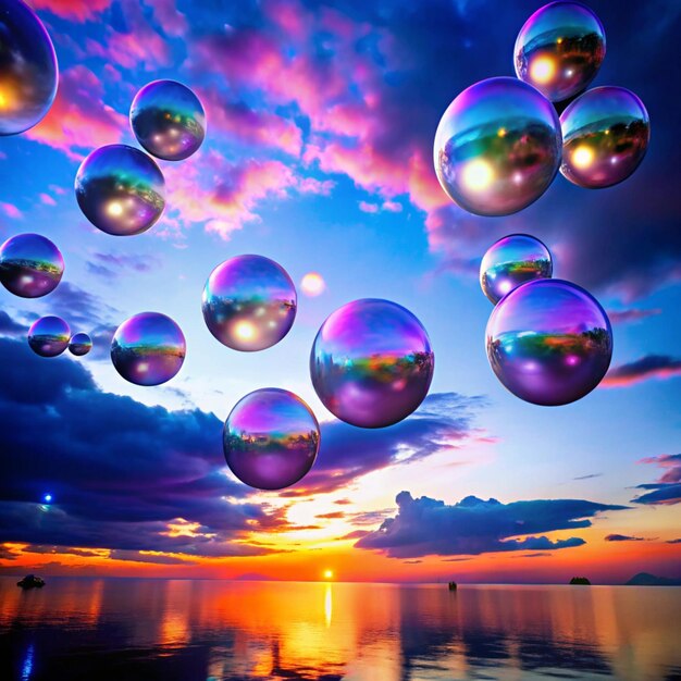 Photo bubbles floating in the water with clouds and sky in the background