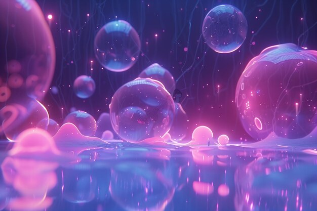 Bubbles and liquid glowing background with neon shapes