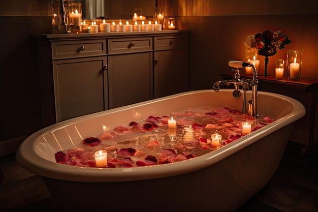 Bubbling bath with rose petals and candles for a romantic getaway created with generative ai