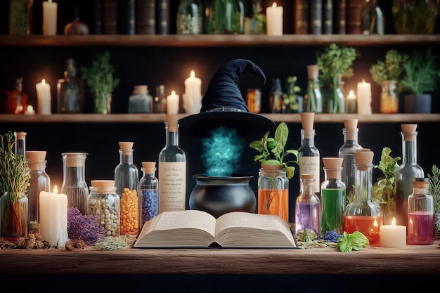 Photo a bubbling cauldron spell book and glowing potion illuminate a mystical workshop