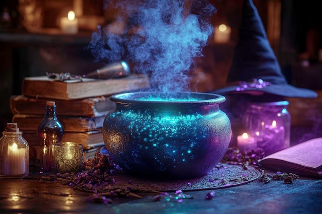 Photo bubbling cauldron with smoke and witch39s accessories