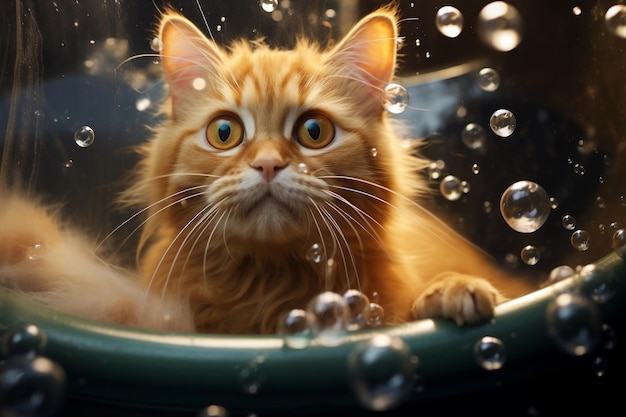 Bubbly Bath Time Cat in Soapy Bathtub Generative AI