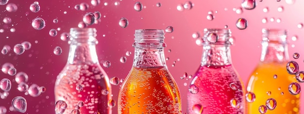 Photo bubbly carbonated drinks in glass bottles with pink background