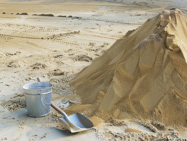 Photo a bucket and a bucket are on the ground with a bucket of sand