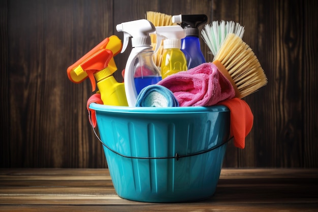 A bucket of cleaning supplies ready to tackle any household mess created with generative ai