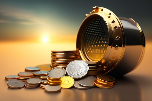 A bucket of coins is filled with gold coins by ai