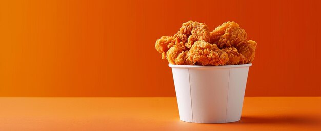 Bucket of crispy fried chicken against a vibrant orange background