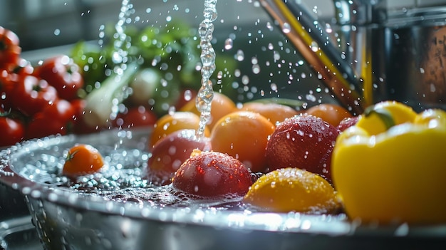 a bucket of fruit with a water droplet being poured into it