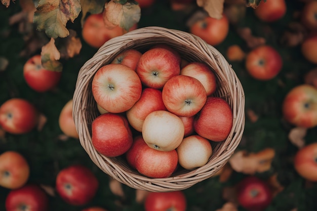 Photo bucket full of sweet juicy red apples in autumn garden for apple cider or juice autumn harvest