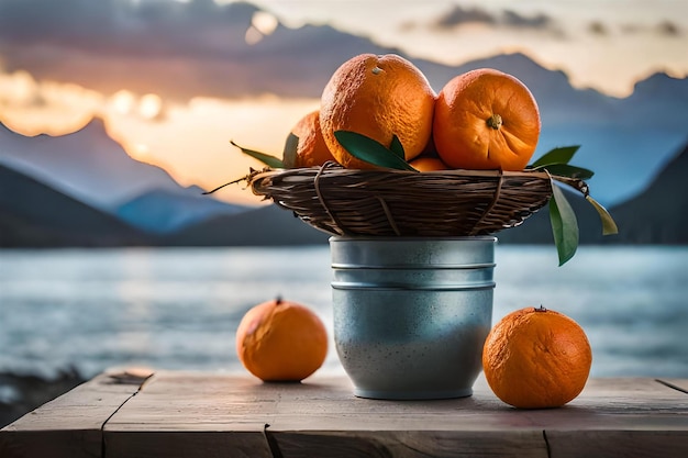 a bucket of oranges with a basket of oranges on a dock with a sunset in the background.